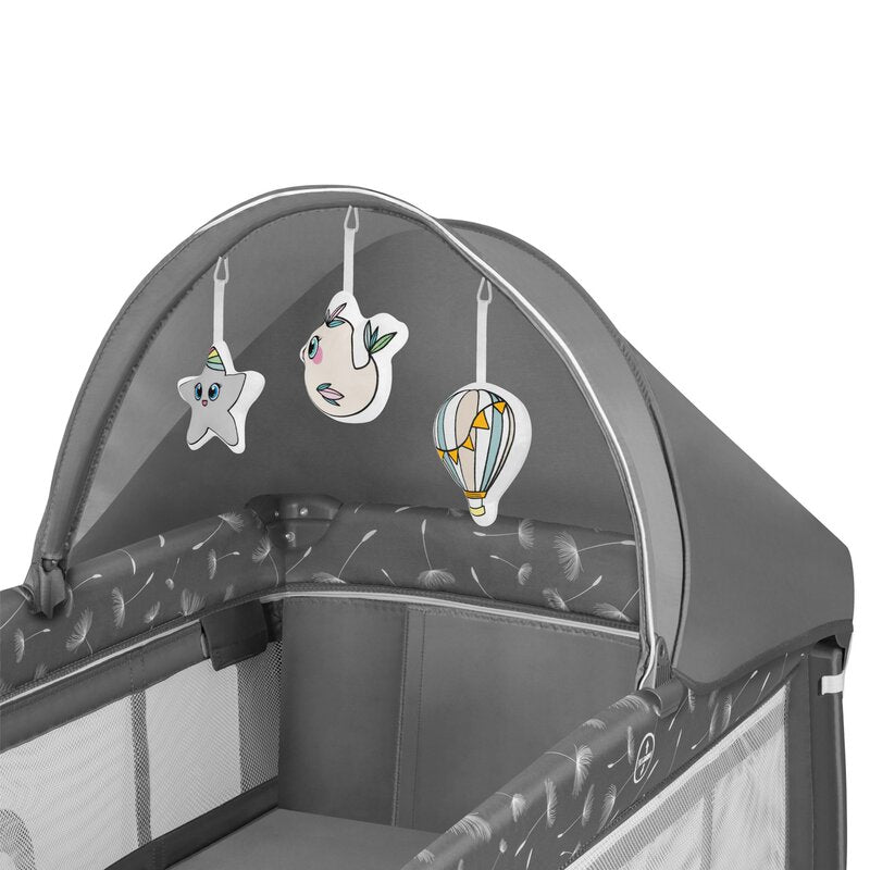Patut pliant, Lionelo, Sven Plus, 120x60 cm, Cu doua nivele, Cu arcada jucarii, masuta de infasat, vibratii, melodii, conform cu standardele europeane de securitate EN716 si EN12221, Grey