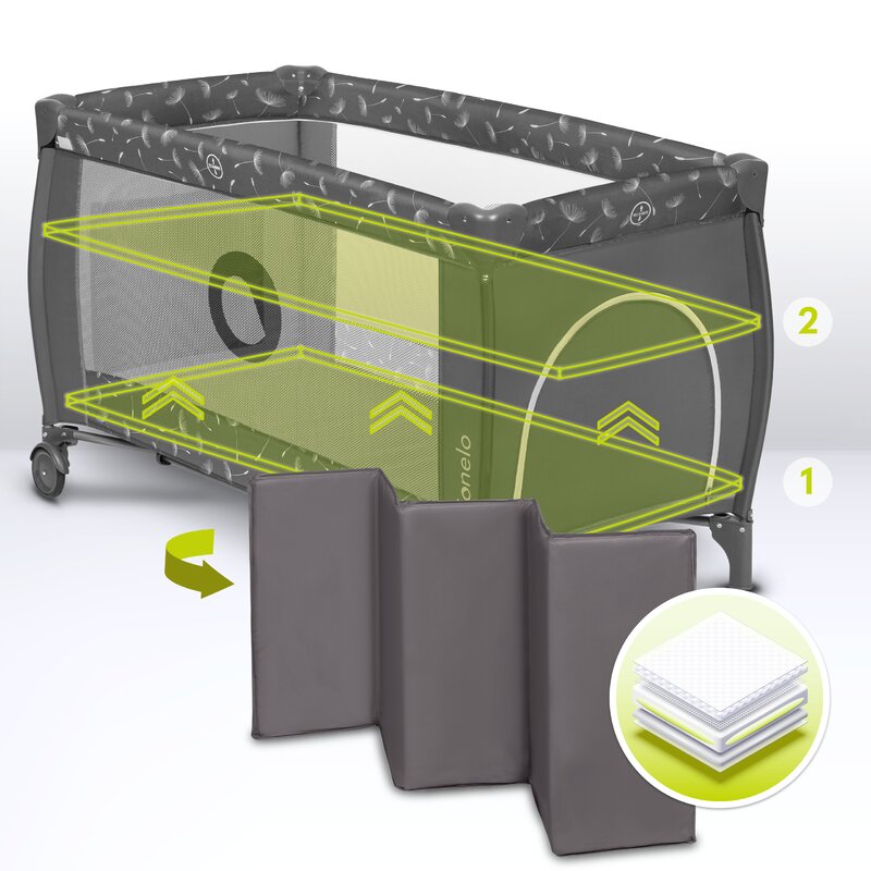 Patut pliant, Lionelo, Sven Plus, 120x60 cm, Cu doua nivele, Cu arcada jucarii, masuta de infasat, vibratii, melodii, conform cu standardele europeane de securitate EN716 si EN12221, Grey