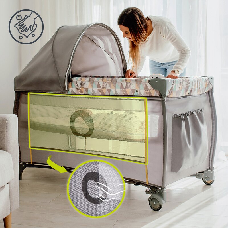Patut pliant, Lionelo, Sven Plus, 120x60 cm, Cu doua nivele, Cu arcada jucarii, masuta de infasat, vibratii, melodii, conform cu standardele europeane de securitate EN716 si EN12221, Grey