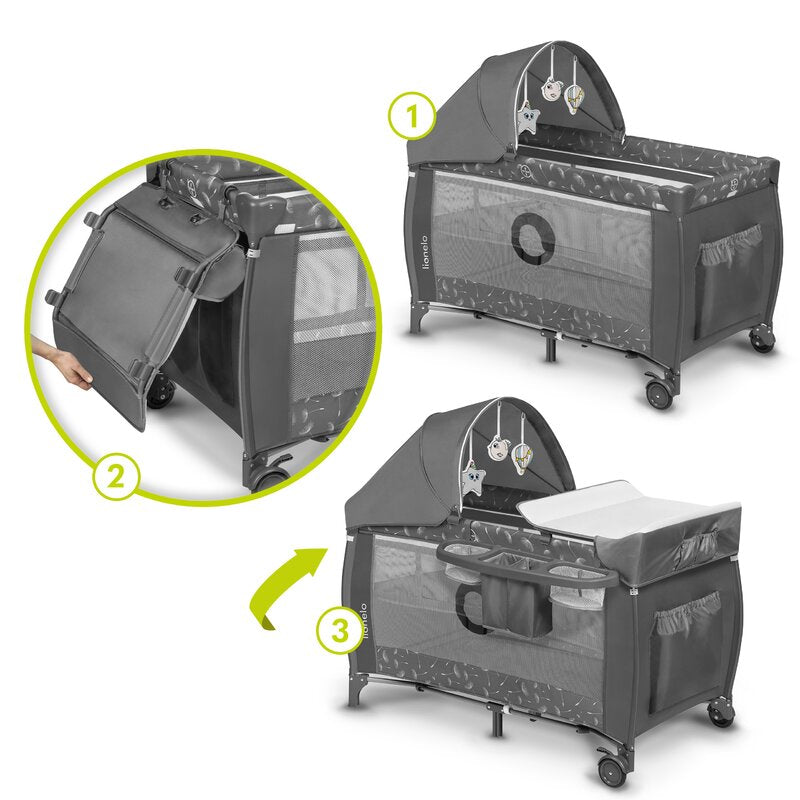 Patut pliant, Lionelo, Sven Plus, 120x60 cm, Cu doua nivele, Cu arcada jucarii, masuta de infasat, vibratii, melodii, conform cu standardele europeane de securitate EN716 si EN12221, Grey