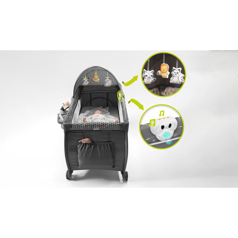 Patut pliant, Lionelo, Sven Plus, 120x60 cm, Cu doua nivele, Cu arcada jucarii, masuta de infasat, vibratii, melodii, conform cu standardele europeane de securitate EN716 si EN12221, Grey - gogobaby.ro