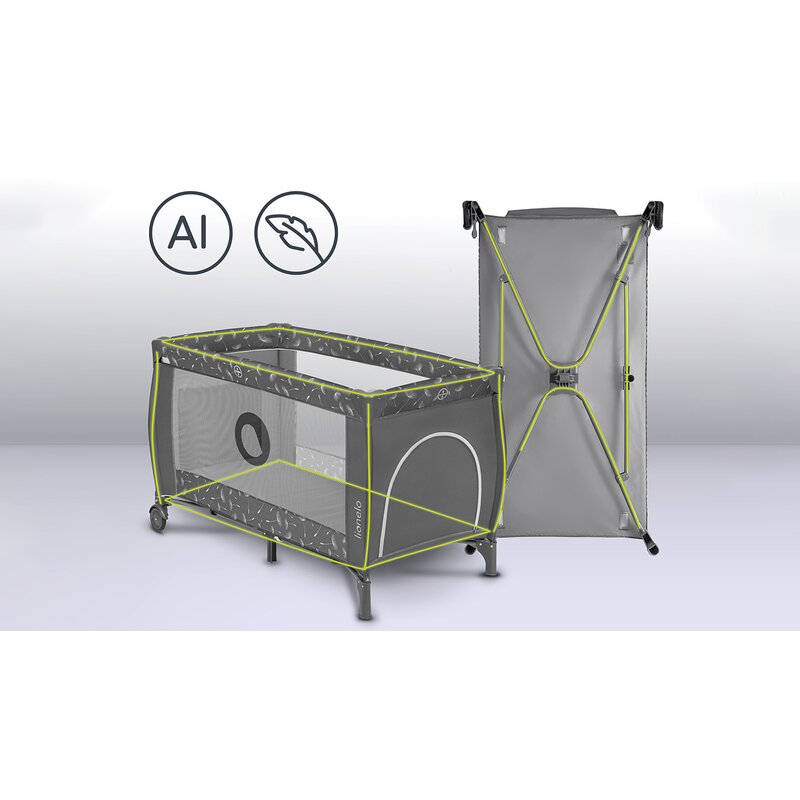 Patut pliant, Lionelo, Sven Plus, 120x60 cm, Cu doua nivele, Cu arcada jucarii, masuta de infasat, vibratii, melodii, conform cu standardele europeane de securitate EN716 si EN12221, Grey