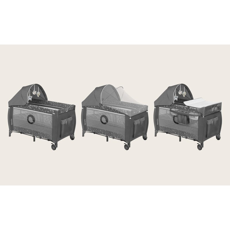 Patut pliant, Lionelo, Sven Plus, 120x60 cm, Cu doua nivele, Cu arcada jucarii, masuta de infasat, vibratii, melodii, conform cu standardele europeane de securitate EN716 si EN12221, Grey