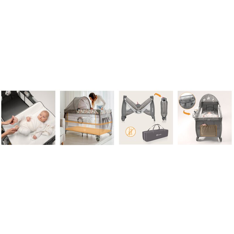 Patut pliant, Lionelo, Sven Plus, 120x60 cm, Cu doua nivele, Cu arcada jucarii, masuta de infasat, vibratii, melodii conform cu standardele europeane de securitate EN716 si EN12221, Grey Scandi - gogobaby.ro