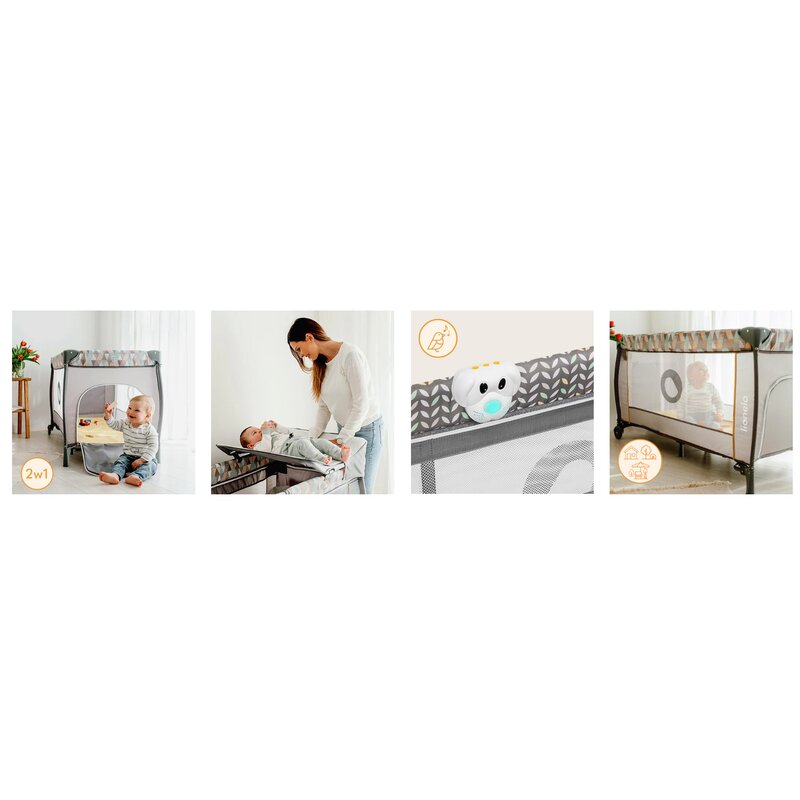 Patut pliant, Lionelo, Sven Plus, 120x60 cm, Cu doua nivele, Cu arcada jucarii, masuta de infasat, vibratii, melodii conform cu standardele europeane de securitate EN716 si EN12221, Grey Scandi - gogobaby.ro