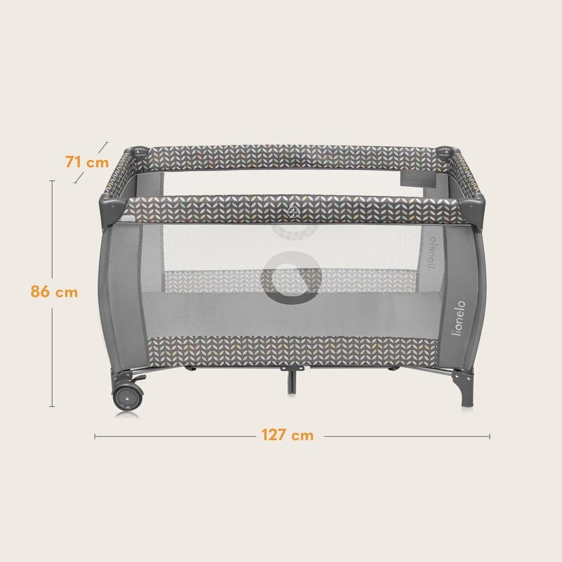 Patut pliant, Lionelo, Sven Plus, 120x60 cm, Cu doua nivele, Cu arcada jucarii, masuta de infasat, vibratii, melodii conform cu standardele europeane de securitate EN716 si EN12221, Grey Scandi - gogobaby.ro