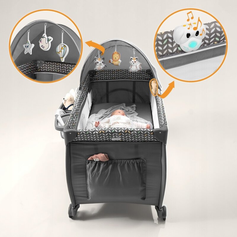 Patut pliant, Lionelo, Sven Plus, 120x60 cm, Cu doua nivele, Cu arcada jucarii, masuta de infasat, vibratii, melodii conform cu standardele europeane de securitate EN716 si EN12221, Grey Scandi - gogobaby.ro