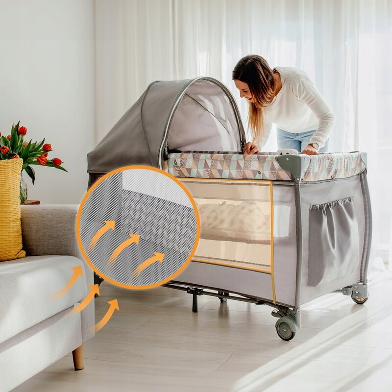 Patut pliant, Lionelo, Sven Plus, 120x60 cm, Cu doua nivele, Cu arcada jucarii, masuta de infasat, vibratii, melodii conform cu standardele europeane de securitate EN716 si EN12221, Grey Scandi - gogobaby.ro