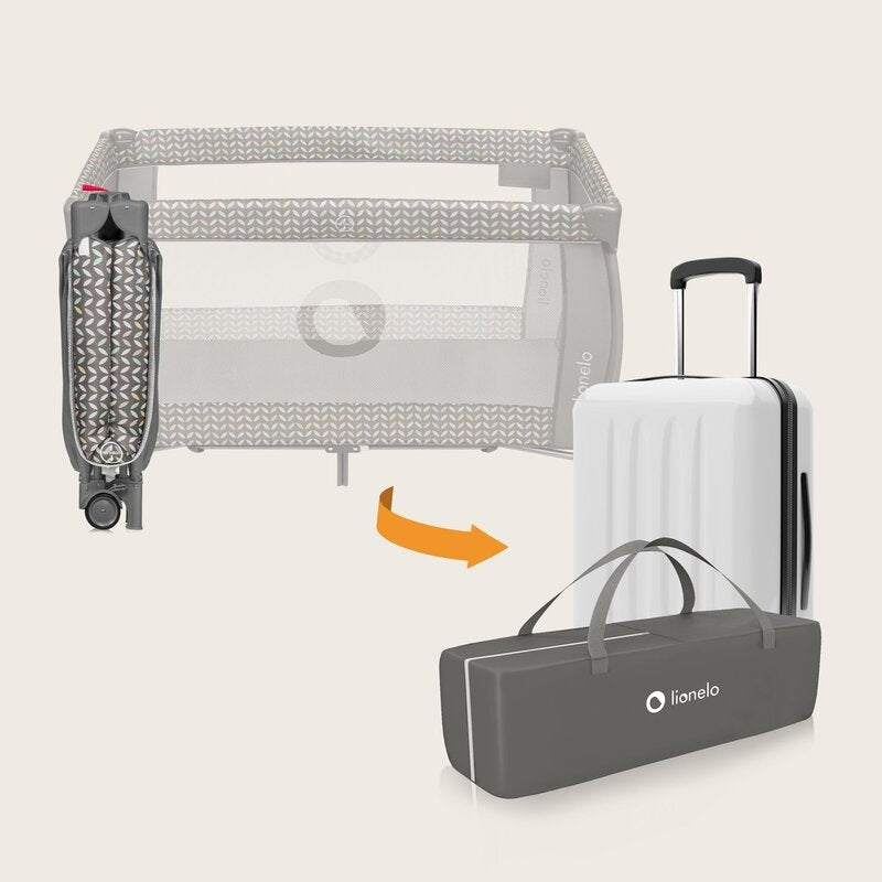 Patut pliant, Lionelo, Sven Plus, 120x60 cm, Cu doua nivele, Cu arcada jucarii, masuta de infasat, vibratii, melodii conform cu standardele europeane de securitate EN716 si EN12221, Grey Scandi - gogobaby.ro