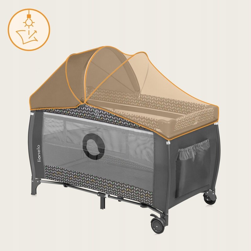 Patut pliant, Lionelo, Sven Plus, 120x60 cm, Cu doua nivele, Cu arcada jucarii, masuta de infasat, vibratii, melodii conform cu standardele europeane de securitate EN716 si EN12221, Grey Scandi - gogobaby.ro