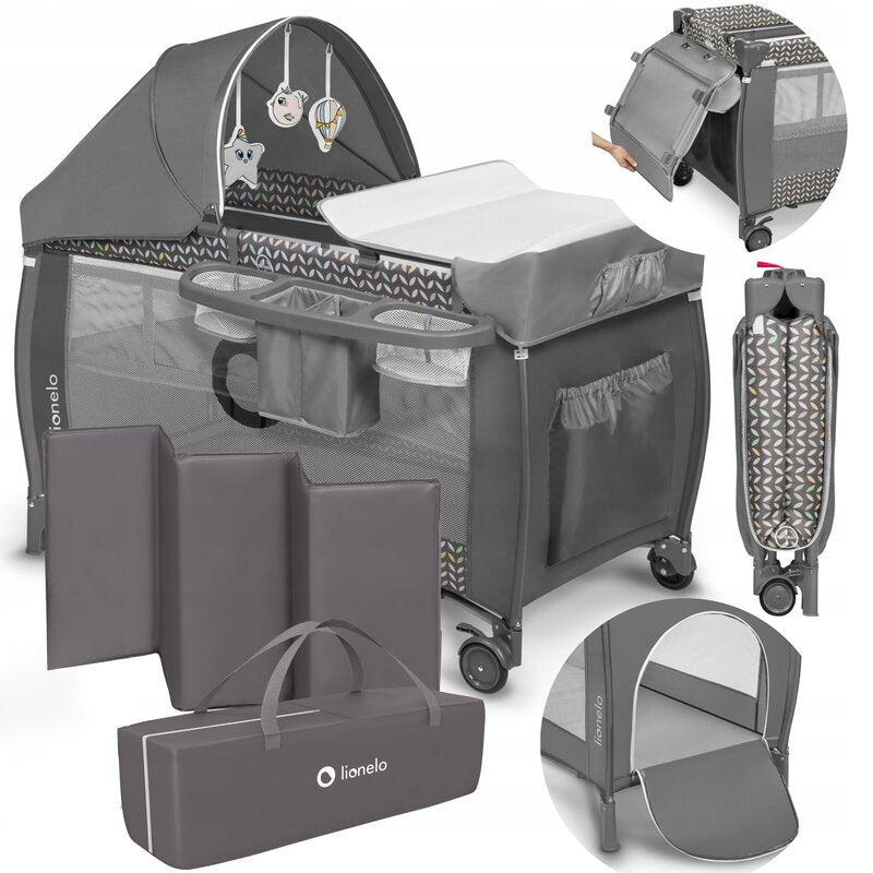 Patut pliant, Lionelo, Sven Plus, 120x60 cm, Cu doua nivele, Cu arcada jucarii, masuta de infasat, vibratii, melodii conform cu standardele europeane de securitate EN716 si EN12221, Grey Scandi - gogobaby.ro