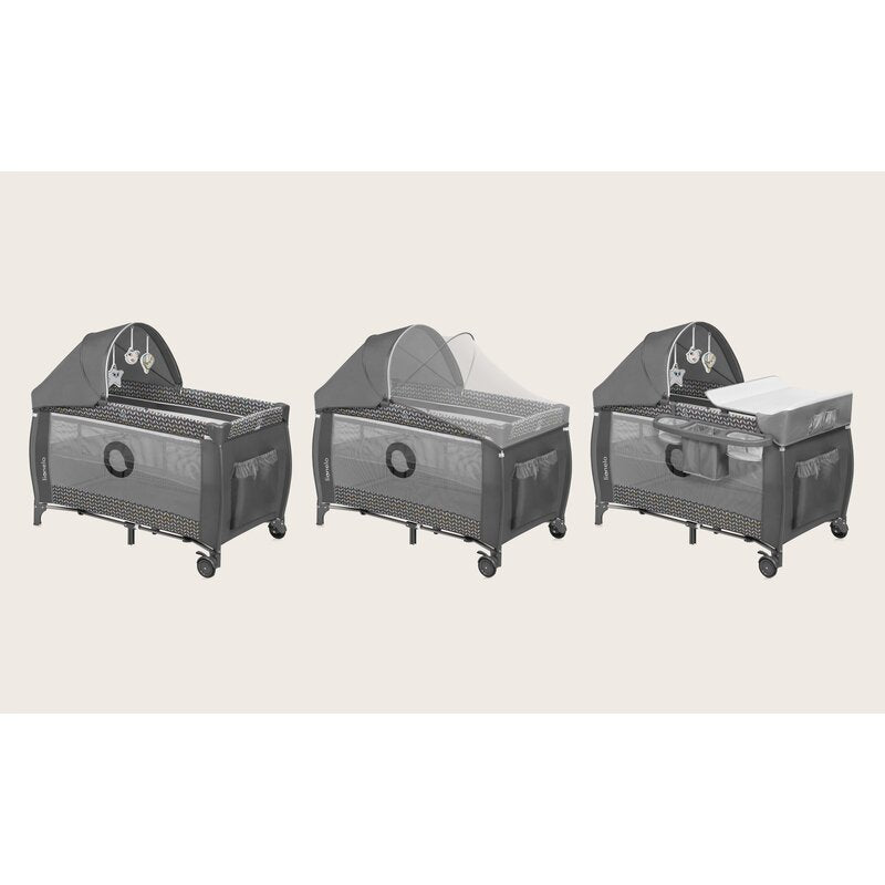 Patut pliant, Lionelo, Sven Plus, 120x60 cm, Cu doua nivele, Cu arcada jucarii, masuta de infasat, vibratii, melodii conform cu standardele europeane de securitate EN716 si EN12221, Grey Scandi - gogobaby.ro
