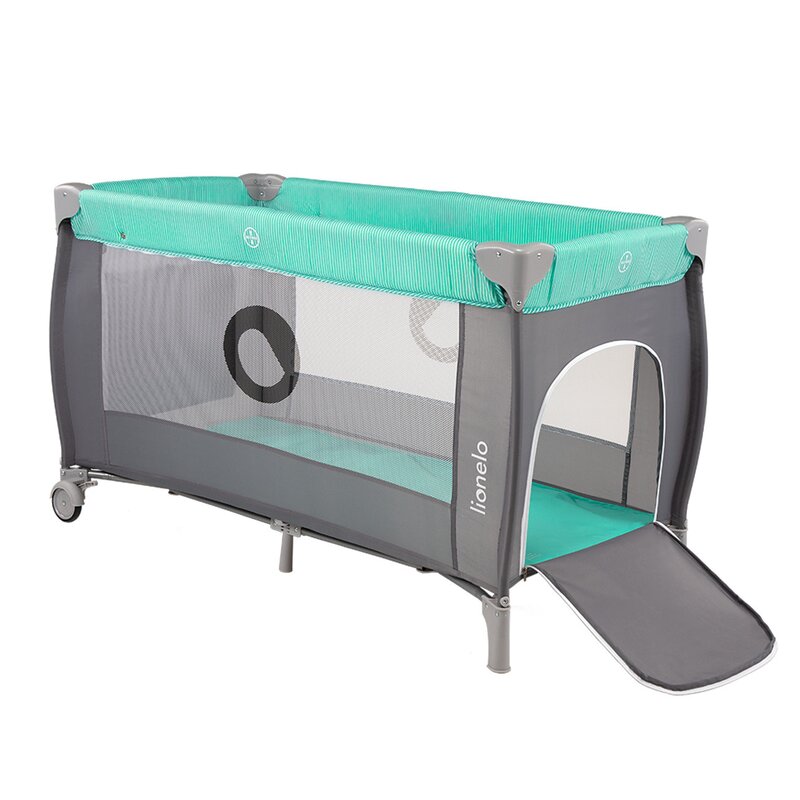 Patut pliant, Lionelo, Sven Plus, 120x60 cm, Cu doua nivele, Cu arcada jucarii, masuta de infasat, vibratii, melodii, conform cu standardele europeane de securitate EN716 si EN12221, Turcoaz/Gri - gogobaby.ro