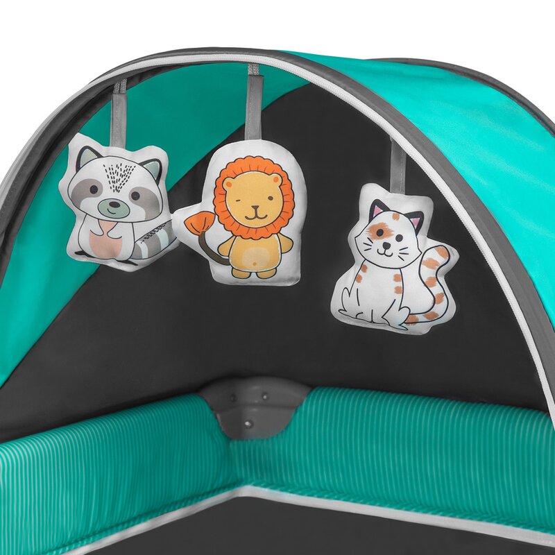Patut pliant, Lionelo, Sven Plus, 120x60 cm, Cu doua nivele, Cu arcada jucarii, masuta de infasat, vibratii, melodii, conform cu standardele europeane de securitate EN716 si EN12221, Turcoaz/Gri - gogobaby.ro