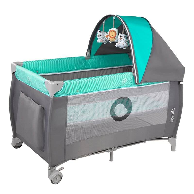 Patut pliant, Lionelo, Sven Plus, 120x60 cm, Cu doua nivele, Cu arcada jucarii, masuta de infasat, vibratii, melodii, conform cu standardele europeane de securitate EN716 si EN12221, Turcoaz/Gri - gogobaby.ro
