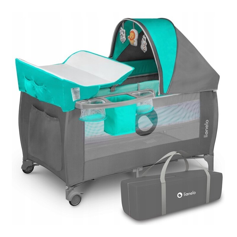 Patut pliant, Lionelo, Sven Plus, 120x60 cm, Cu doua nivele, Cu arcada jucarii, masuta de infasat, vibratii, melodii, conform cu standardele europeane de securitate EN716 si EN12221, Turcoaz/Gri - gogobaby.ro