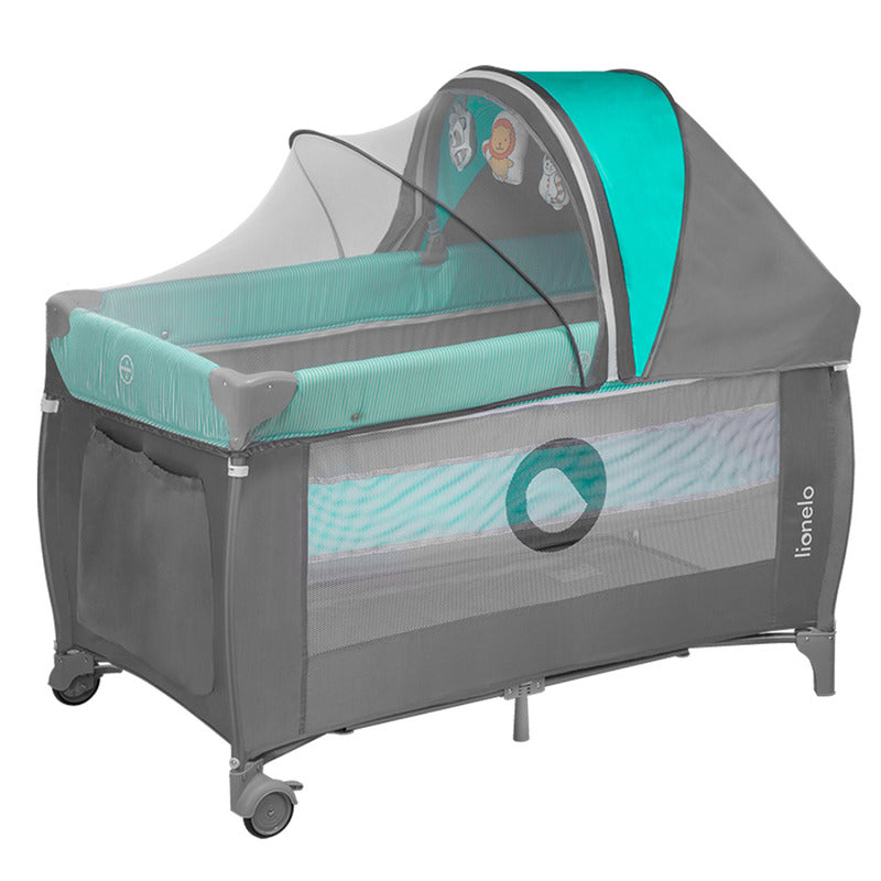 Patut pliant, Lionelo, Sven Plus, 120x60 cm, Cu doua nivele, Cu arcada jucarii, masuta de infasat, vibratii, melodii, conform cu standardele europeane de securitate EN716 si EN12221, Turcoaz/Gri - gogobaby.ro