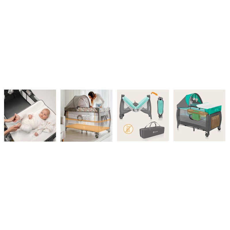 Patut pliant, Lionelo, Sven Plus, 120x60 cm, Cu doua nivele, Cu arcada jucarii, masuta de infasat, vibratii, melodii, conform cu standardele europeane de securitate EN716 si EN12221, Turcoaz/Gri - gogobaby.ro
