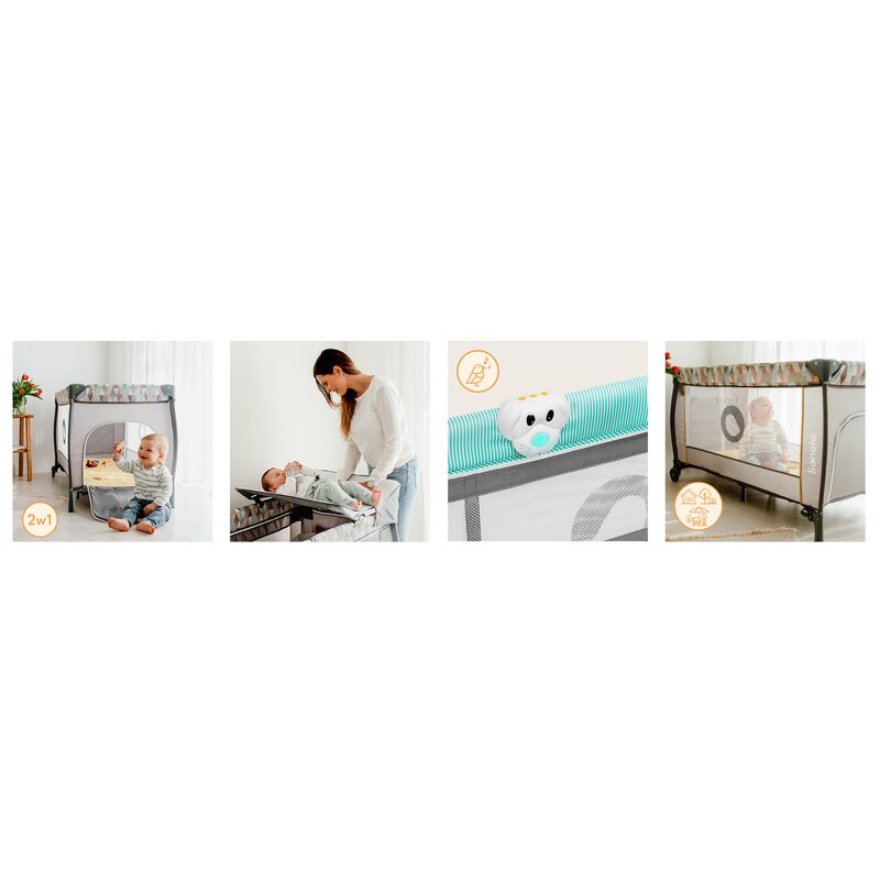 Patut pliant, Lionelo, Sven Plus, 120x60 cm, Cu doua nivele, Cu arcada jucarii, masuta de infasat, vibratii, melodii, conform cu standardele europeane de securitate EN716 si EN12221, Turcoaz/Gri - gogobaby.ro