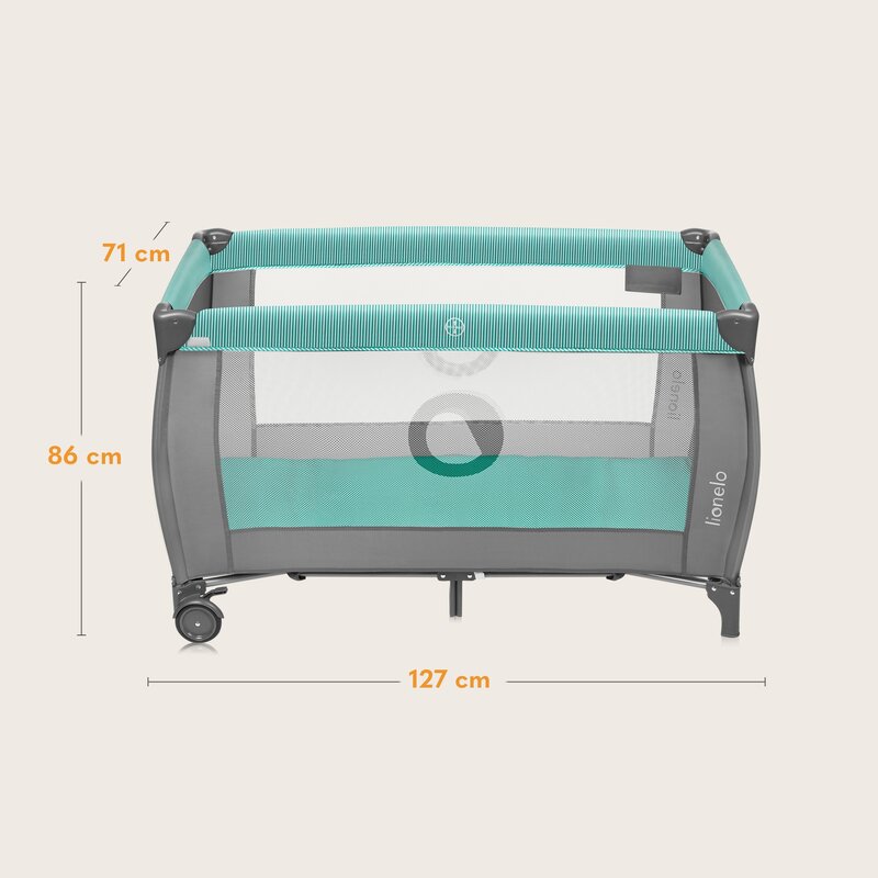 Patut pliant, Lionelo, Sven Plus, 120x60 cm, Cu doua nivele, Cu arcada jucarii, masuta de infasat, vibratii, melodii, conform cu standardele europeane de securitate EN716 si EN12221, Turcoaz/Gri - gogobaby.ro