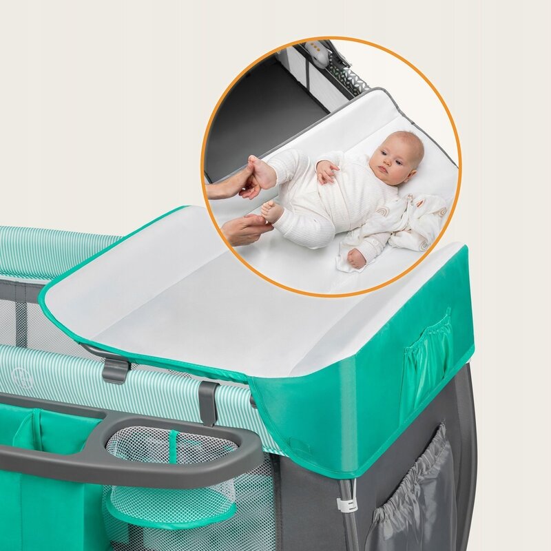 Patut pliant, Lionelo, Sven Plus, 120x60 cm, Cu doua nivele, Cu arcada jucarii, masuta de infasat, vibratii, melodii, conform cu standardele europeane de securitate EN716 si EN12221, Turcoaz/Gri - gogobaby.ro