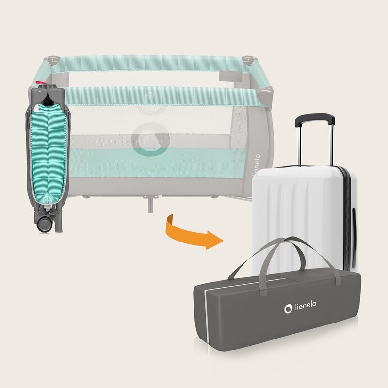 Patut pliant, Lionelo, Sven Plus, 120x60 cm, Cu doua nivele, Cu arcada jucarii, masuta de infasat, vibratii, melodii, conform cu standardele europeane de securitate EN716 si EN12221, Turcoaz/Gri - gogobaby.ro