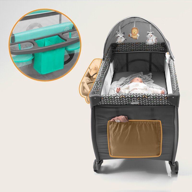 Patut pliant, Lionelo, Sven Plus, 120x60 cm, Cu doua nivele, Cu arcada jucarii, masuta de infasat, vibratii, melodii, conform cu standardele europeane de securitate EN716 si EN12221, Turcoaz/Gri - gogobaby.ro