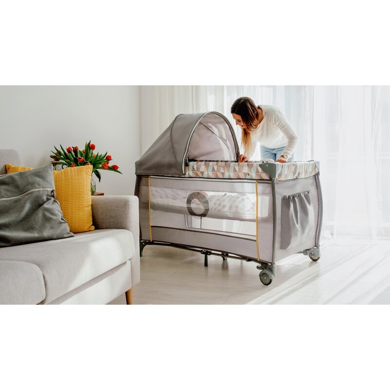Patut pliant, Lionelo, Sven Plus, 120x60 cm, Cu doua nivele, Cu arcada jucarii, masuta de infasat, vibratii, melodii, conform cu standardele europeane de securitate EN716 si EN12221, Turcoaz/Gri - gogobaby.ro