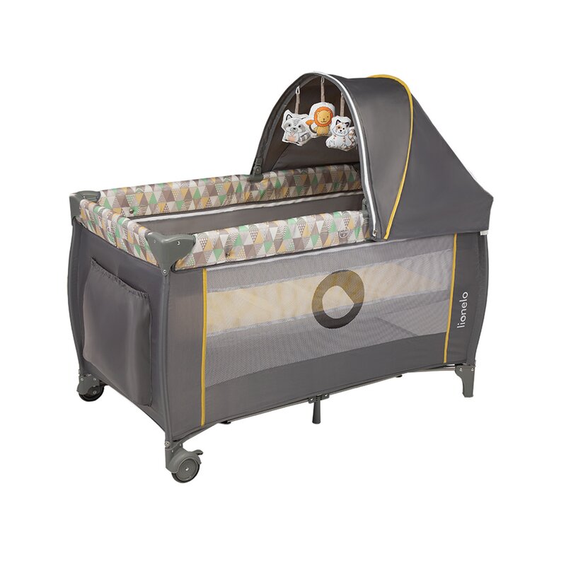 Patut pliant, Lionelo, Sven Plus, 120x60 cm, Cu doua nivele, Cu arcada jucarii, masuta de infasat vibratii, melodii, conform cu standardele europeane de securitate EN716 si EN12221, Yellow Scandi