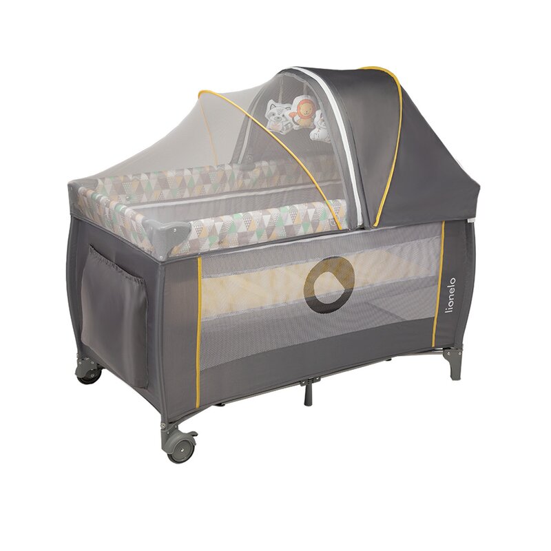 Patut pliant, Lionelo, Sven Plus, 120x60 cm, Cu doua nivele, Cu arcada jucarii, masuta de infasat vibratii, melodii, conform cu standardele europeane de securitate EN716 si EN12221, Yellow Scandi