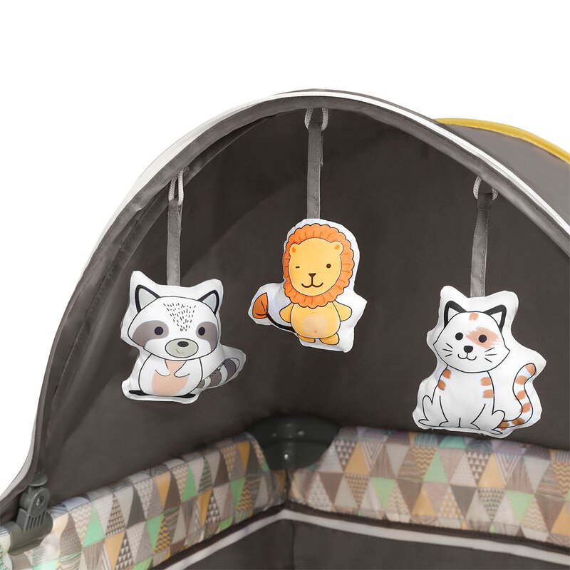 Patut pliant, Lionelo, Sven Plus, 120x60 cm, Cu doua nivele, Cu arcada jucarii, masuta de infasat vibratii, melodii, conform cu standardele europeane de securitate EN716 si EN12221, Yellow Scandi