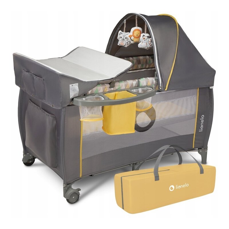 Patut pliant, Lionelo, Sven Plus, 120x60 cm, Cu doua nivele, Cu arcada jucarii, masuta de infasat vibratii, melodii, conform cu standardele europeane de securitate EN716 si EN12221, Yellow Scandi