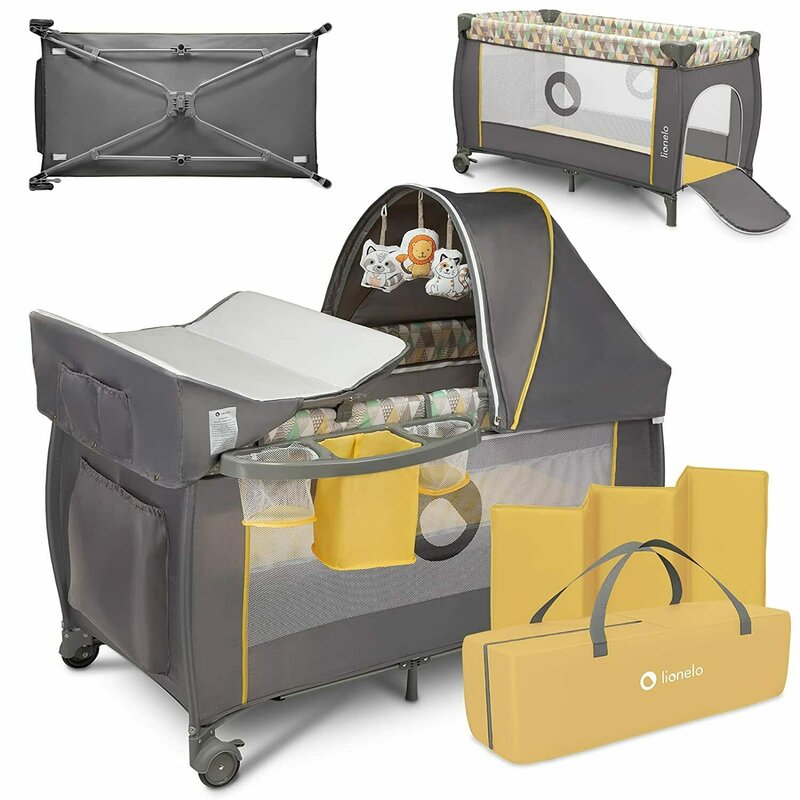 Patut pliant, Lionelo, Sven Plus, 120x60 cm, Cu doua nivele, Cu arcada jucarii, masuta de infasat vibratii, melodii, conform cu standardele europeane de securitate EN716 si EN12221, Yellow Scandi