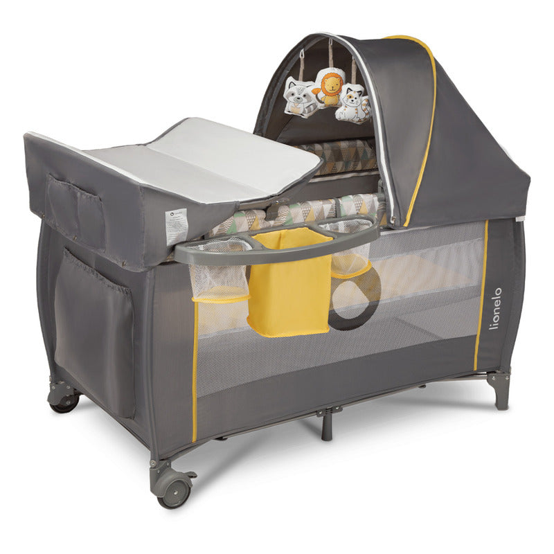 Patut pliant, Lionelo, Sven Plus, 120x60 cm, Cu doua nivele, Cu arcada jucarii, masuta de infasat vibratii, melodii, conform cu standardele europeane de securitate EN716 si EN12221, Yellow Scandi