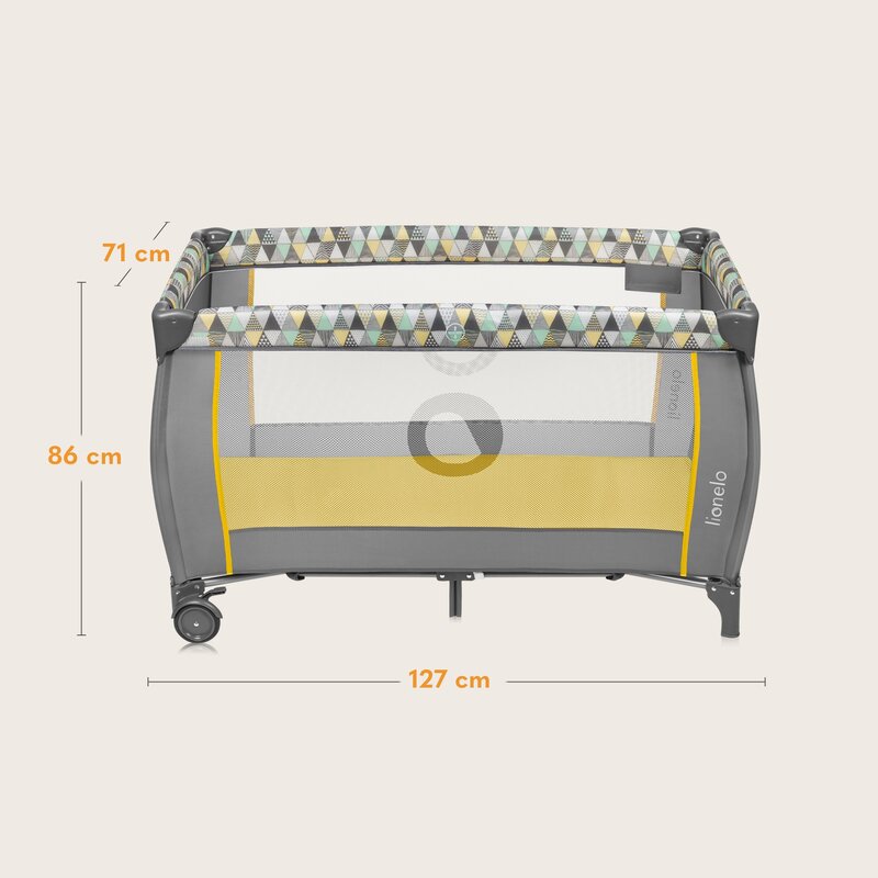 Patut pliant, Lionelo, Sven Plus, 120x60 cm, Cu doua nivele, Cu arcada jucarii, masuta de infasat vibratii, melodii, conform cu standardele europeane de securitate EN716 si EN12221, Yellow Scandi