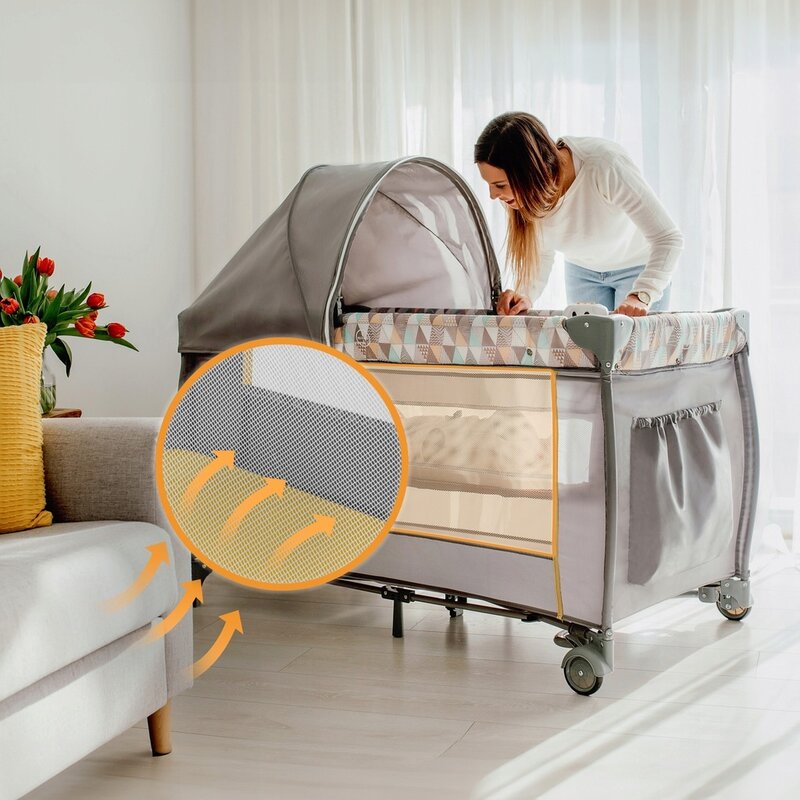 Patut pliant, Lionelo, Sven Plus, 120x60 cm, Cu doua nivele, Cu arcada jucarii, masuta de infasat vibratii, melodii, conform cu standardele europeane de securitate EN716 si EN12221, Yellow Scandi