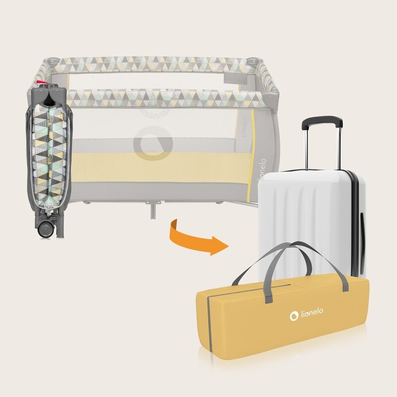 Patut pliant, Lionelo, Sven Plus, 120x60 cm, Cu doua nivele, Cu arcada jucarii, masuta de infasat vibratii, melodii, conform cu standardele europeane de securitate EN716 si EN12221, Yellow Scandi