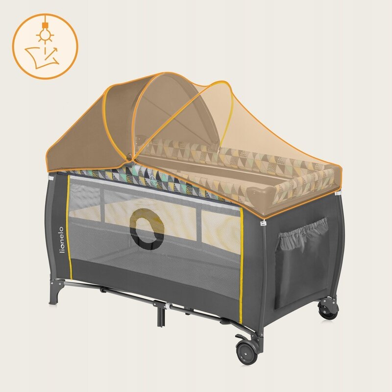 Patut pliant, Lionelo, Sven Plus, 120x60 cm, Cu doua nivele, Cu arcada jucarii, masuta de infasat vibratii, melodii, conform cu standardele europeane de securitate EN716 si EN12221, Yellow Scandi