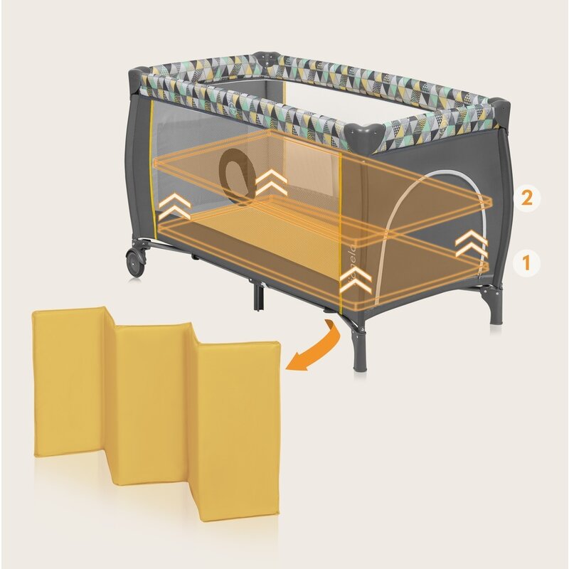 Patut pliant, Lionelo, Sven Plus, 120x60 cm, Cu doua nivele, Cu arcada jucarii, masuta de infasat vibratii, melodii, conform cu standardele europeane de securitate EN716 si EN12221, Yellow Scandi