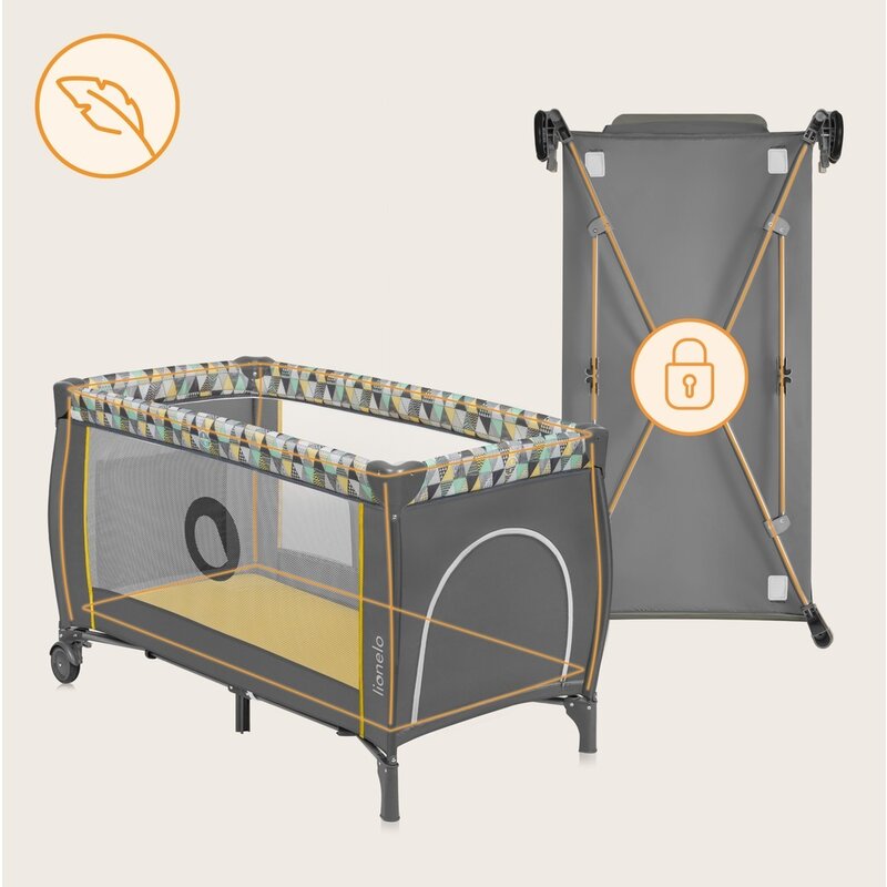 Patut pliant, Lionelo, Sven Plus, 120x60 cm, Cu doua nivele, Cu arcada jucarii, masuta de infasat vibratii, melodii, conform cu standardele europeane de securitate EN716 si EN12221, Yellow Scandi