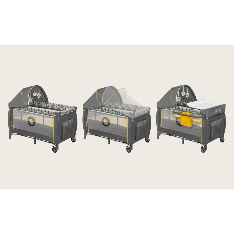 Patut pliant, Lionelo, Sven Plus, 120x60 cm, Cu doua nivele, Cu arcada jucarii, masuta de infasat vibratii, melodii, conform cu standardele europeane de securitate EN716 si EN12221, Yellow Scandi