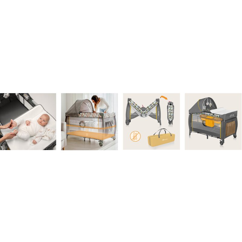 Patut pliant, Lionelo, Sven Plus, 120x60 cm, Cu doua nivele, Cu arcada jucarii, masuta de infasat vibratii, melodii, conform cu standardele europeane de securitate EN716 si EN12221, Yellow Scandi