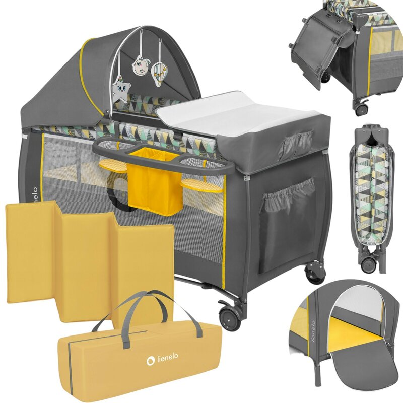 Patut pliant, Lionelo, Sven Plus, 120x60 cm, Cu doua nivele, Cu arcada jucarii, masuta de infasat vibratii, melodii, conform cu standardele europeane de securitate EN716 si EN12221, Yellow Scandi