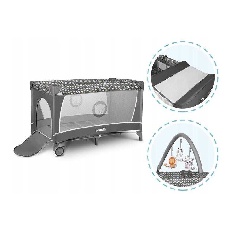 Patut pliant, Lionelo, Flower, Cu doua nivele, Cu arcada, Geanta transport, Masuta de infasat, Bara cu jucarii, Fereastra laterala, 120x60 cm, Conform cu standardele europeane de securitate EN 716 si EN12221, Gri - gogobaby.ro