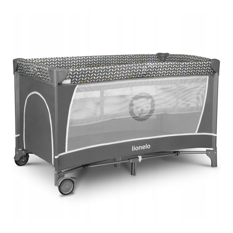 Patut pliant, Lionelo, Flower, Cu doua nivele, Cu arcada, Geanta transport, Masuta de infasat, Bara cu jucarii, Fereastra laterala, 120x60 cm, Conform cu standardele europeane de securitate EN 716 si EN12221, Gri - gogobaby.ro