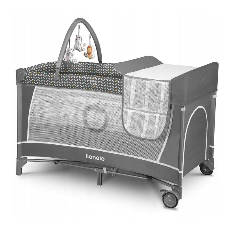 Patut pliant, Lionelo, Flower, Cu doua nivele, Cu arcada, Geanta transport, Masuta de infasat, Bara cu jucarii, Fereastra laterala, 120x60 cm, Conform cu standardele europeane de securitate EN 716 si EN12221, Gri - gogobaby.ro