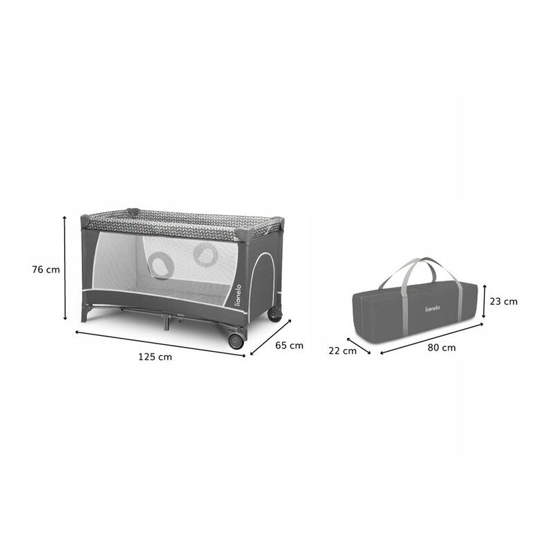 Patut pliant, Lionelo, Flower, Cu doua nivele, Cu arcada, Geanta transport, Masuta de infasat, Bara cu jucarii, Fereastra laterala, 120x60 cm, Conform cu standardele europeane de securitate EN 716 si EN12221, Gri - gogobaby.ro