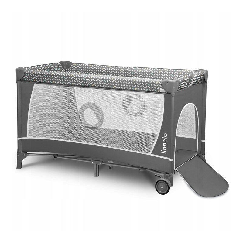 Patut pliant, Lionelo, Flower, Cu doua nivele, Cu arcada, Geanta transport, Masuta de infasat, Bara cu jucarii, Fereastra laterala, 120x60 cm, Conform cu standardele europeane de securitate EN 716 si EN12221, Gri - gogobaby.ro