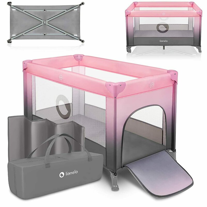 Patut pliant, Lionelo, Stefi, Cu un nivel, Cu intrare laterala cu fermoar, 2 roti, 120x60 cm, Conform cu standardul european de securitate EN 716, Roz Ombre - gogobaby.ro