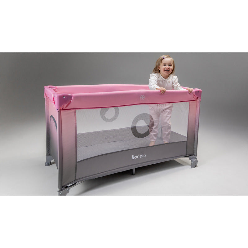 Patut pliant, Lionelo, Stefi, Cu un nivel, Cu intrare laterala cu fermoar, 2 roti, 120x60 cm, Conform cu standardul european de securitate EN 716, Roz Ombre - gogobaby.ro